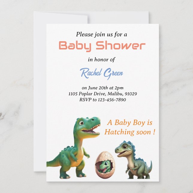 Invitación de Baby Shower con eclosión de dinosaur (Anverso)