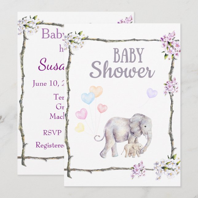 Invitación de Baby Shower con el elefante del bebé (Anverso / Reverso)