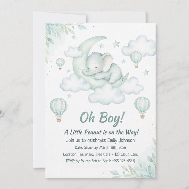 Invitación de Baby Shower con elefante bebé durmie (Anverso)