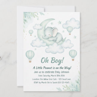 Invitación de Baby Shower con elefante bebé durmie