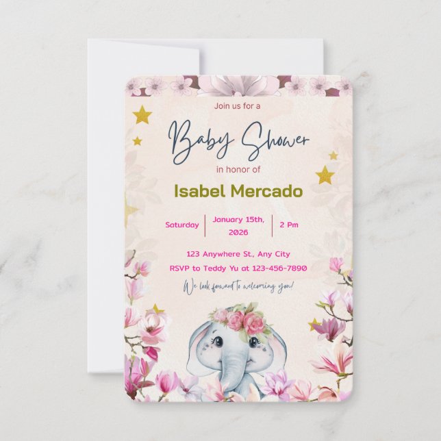 Invitación de Baby Shower con Elefante Floral. (Anverso)