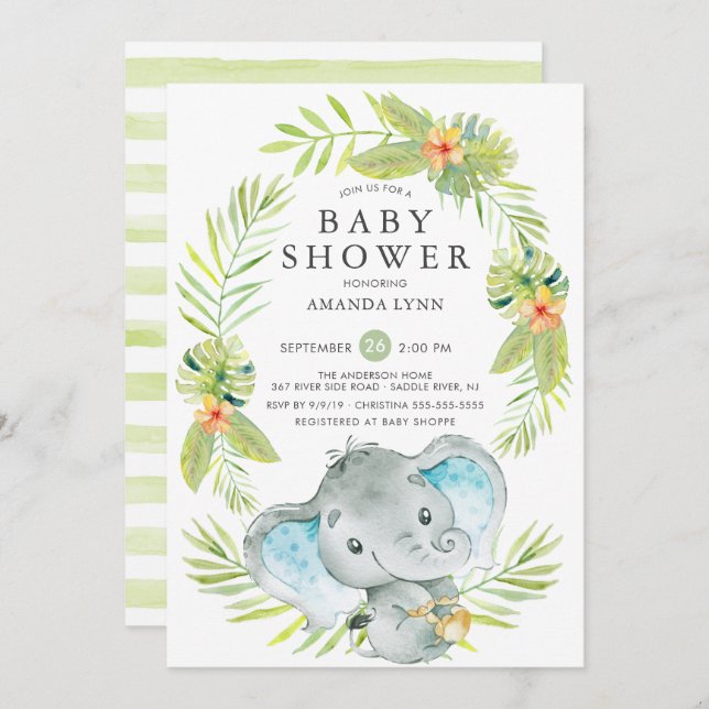 Invitación de Baby Shower con elefante y hojas de  (Anverso / Reverso)