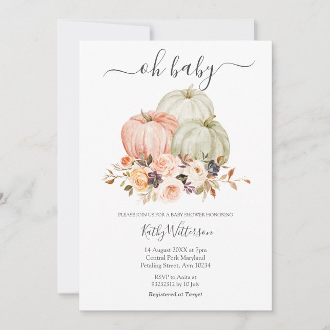 Invitación de Baby Shower con flores de calabaza b (Anverso)