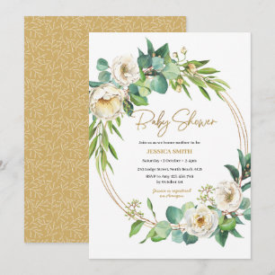 Invitación de Baby Shower con flores de oro y blan