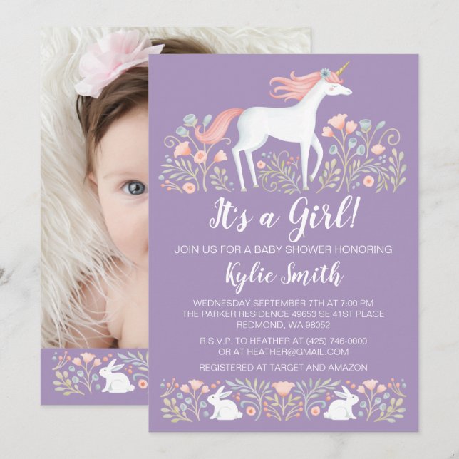 Invitación de Baby Shower con flores de Unicornio (Anverso / Reverso)