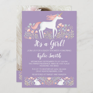 Invitación de Baby Shower con flores de Unicornio