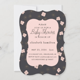Invitación de Baby Shower con Flores Negras y Rosa