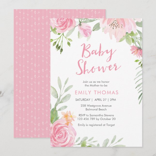 Invitación de Baby Shower con flores rosadas de Ru (Anverso / Reverso)