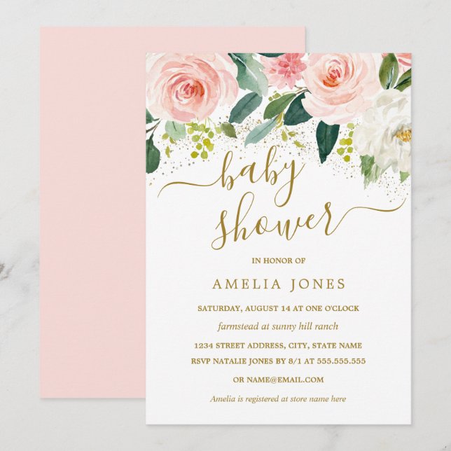 Invitación de Baby Shower con flores rosadas en ac (Anverso / Reverso)