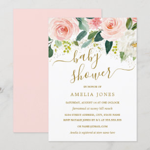 Invitación de Baby Shower con flores rosadas en ac
