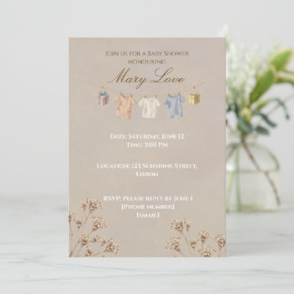 Invitación de baby shower con flores secas boho