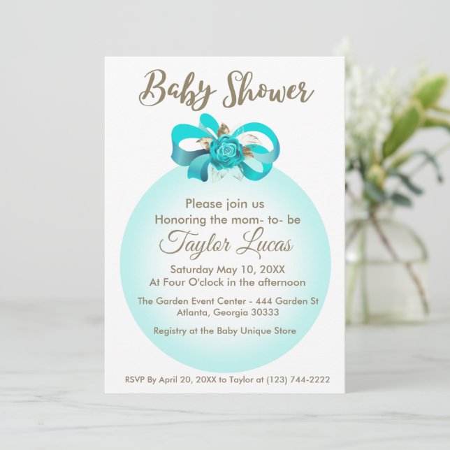 Invitación de Baby Shower con globo azul y soplo (Anverso de pie)