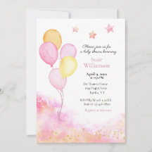Invitación de baby shower con globos rosados y ama