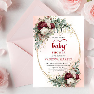 Invitación de baby shower con guión dorado y burgu