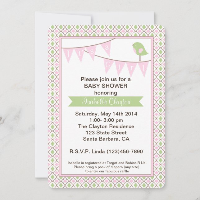 Invitación de Baby Shower con la bandera rosada (Anverso)