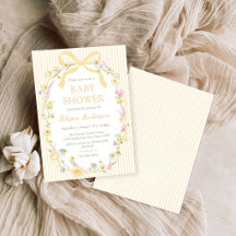 Invitación de baby shower con lazo amarillo y raya