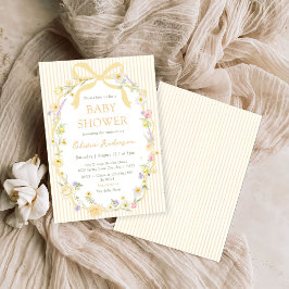 Invitación de baby shower con lazo amarillo y raya
