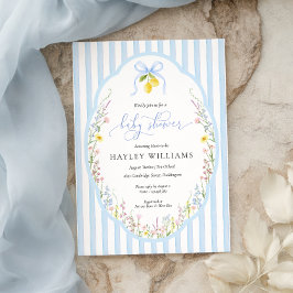 Invitación de baby shower con lazo azul de flores 