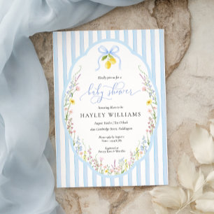 Invitación de baby shower con lazo azul de flores 