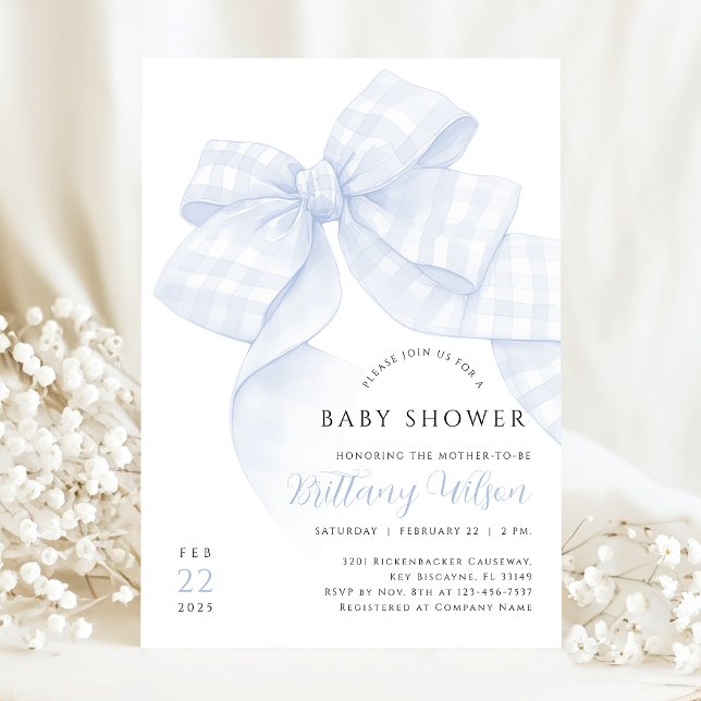 Invitación de Baby Shower con Lazo Azul Gingham (Subido por el creador)