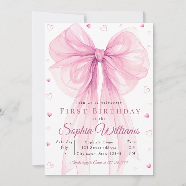 Invitación de baby shower con lazo de corazón rosa (Anverso)