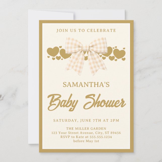 Invitación de Baby Shower con Lazo de Cuadros de M (Anverso)