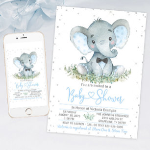 Invitación de Baby Shower con Lazo de Elefante Niñ