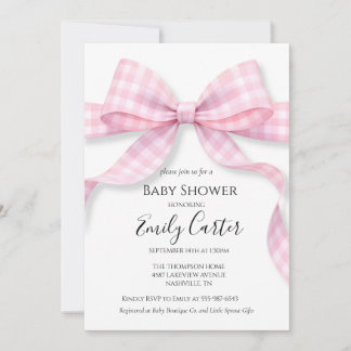 Invitación de Baby Shower con Lazo de Gingham Rosa