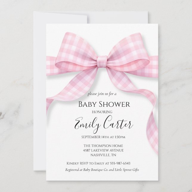 Invitación de Baby Shower con Lazo de Gingham Rosa (Anverso)