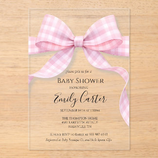 Invitación de baby shower con lazo de gingham rosa