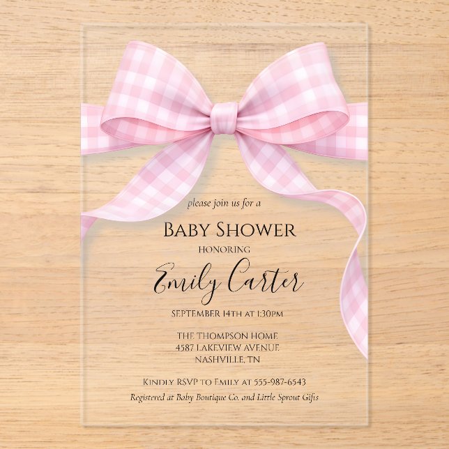 Invitación de baby shower con lazo de gingham rosa (Anverso)