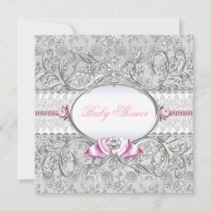 Invitación de baby shower con lazo floral rosa y p