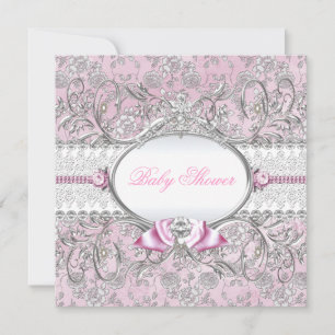 Invitación de baby shower con lazo floral rosa y p