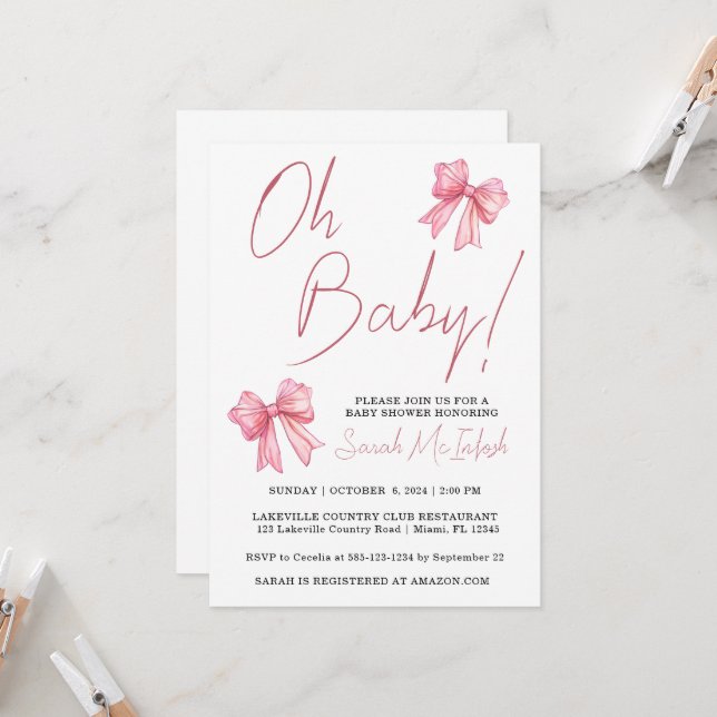 Invitación de Baby Shower con Lazo Rosa (Anverso/Reverso In Situ)