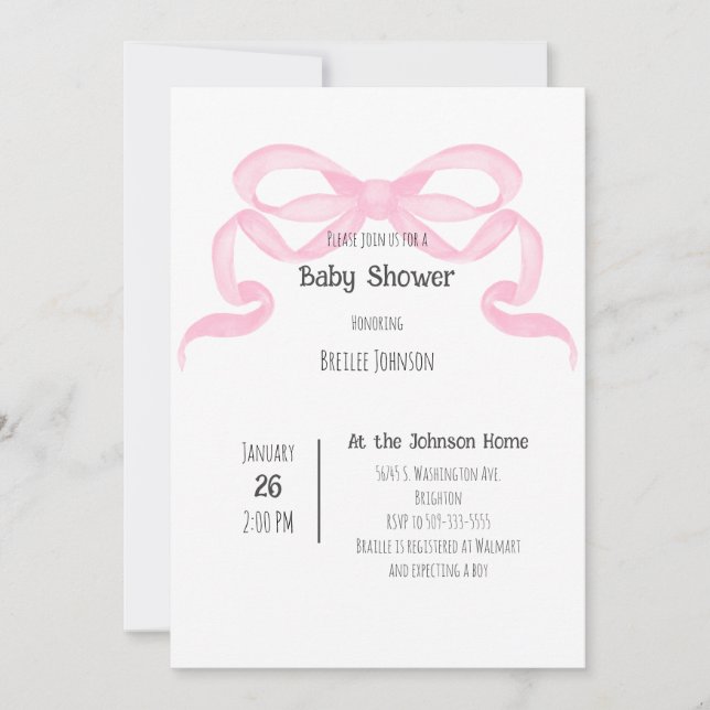 invitación de baby shower con lazo rosa (Anverso)