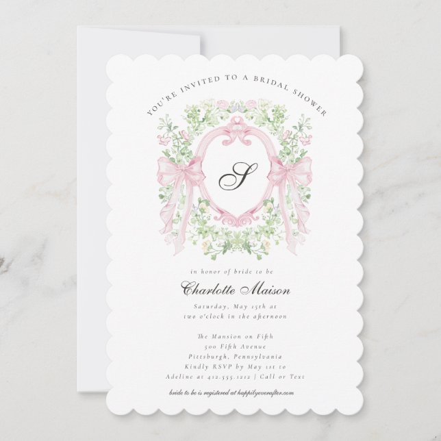 Invitación de Baby Shower con lazo rosa botánico e (Anverso)