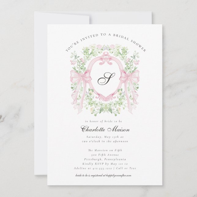 Invitación de Baby Shower con lazo rosa botánico e (Anverso)