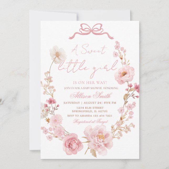 Invitación de baby shower con lazo rosa coquette (Anverso)