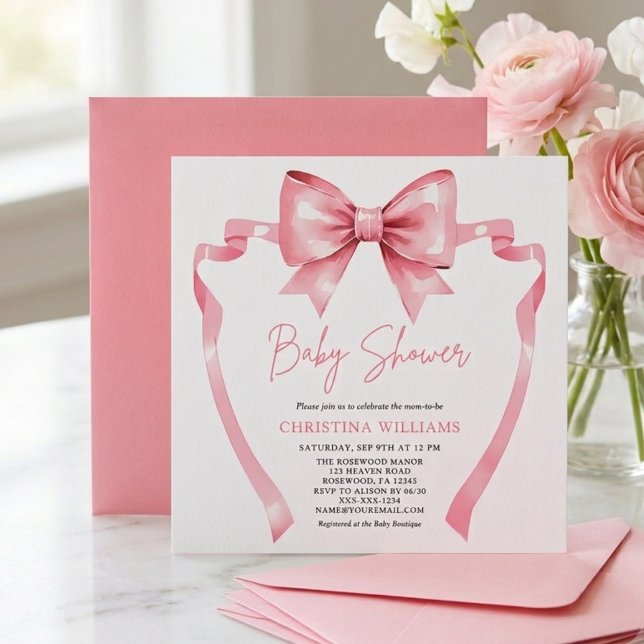 Invitación de baby shower con lazo rosa Coquette (Subido por el creador)