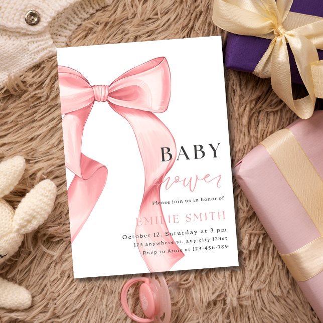Invitación de Baby Shower con Lazo Rosa, Coquette  (Subido por el creador)