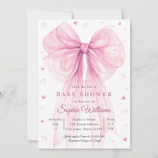 Invitación de baby shower con lazo rosa elegante