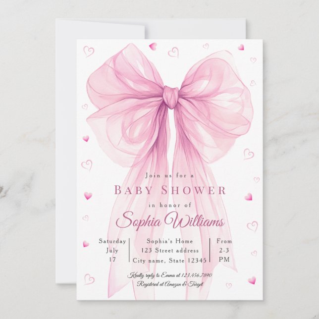 Invitación de baby shower con lazo rosa elegante (Anverso)