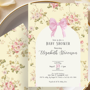 Invitación de baby shower con lazo rosa floral ama