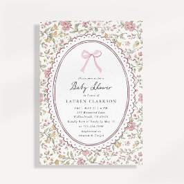 Invitación de baby shower con lazo rosa floral vin