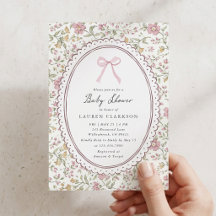 Invitación de baby shower con lazo rosa floral vin