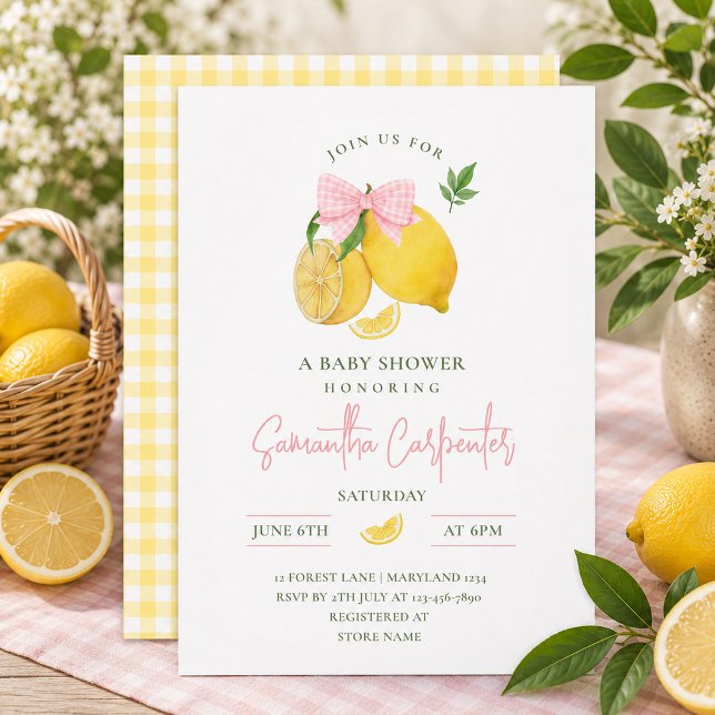 Invitación de baby shower con lazo rosa limón para (Subido por el creador)