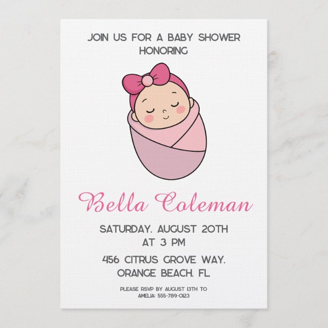 invitación de baby shower con lazo rosa lindo (Anverso)