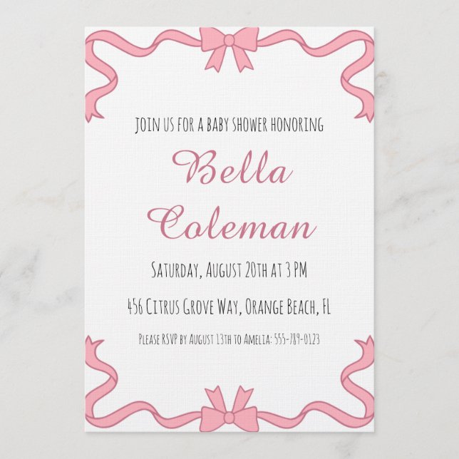 invitación de baby shower con lazo rosa lindo (Anverso)