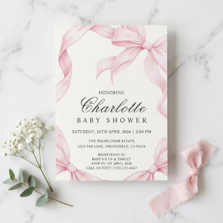 Invitación de baby shower con lazo rosa rubor