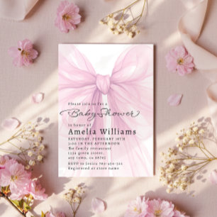 Invitación de baby shower con lazo rosa suave y le